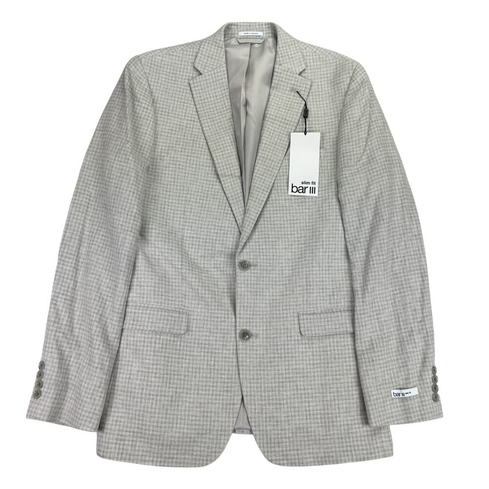 Bar III Mens Linen Blend Slim Fit Plaid Sport Coat Natural Gray 40L